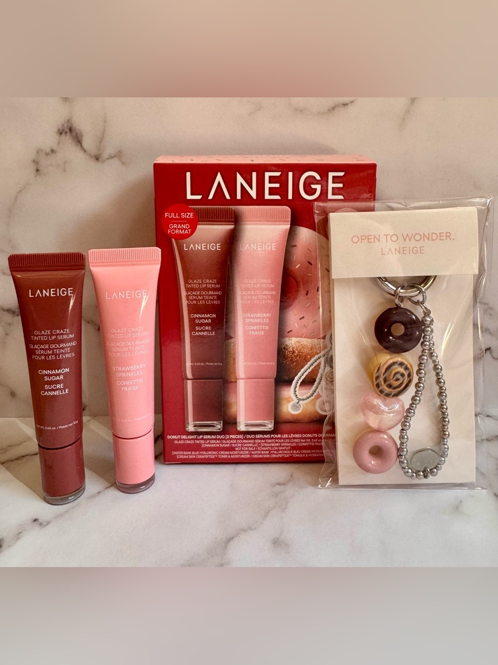 LANEIGE Glaze Craze Tinted Lip Serums & Donut Keychain Set Brand New
